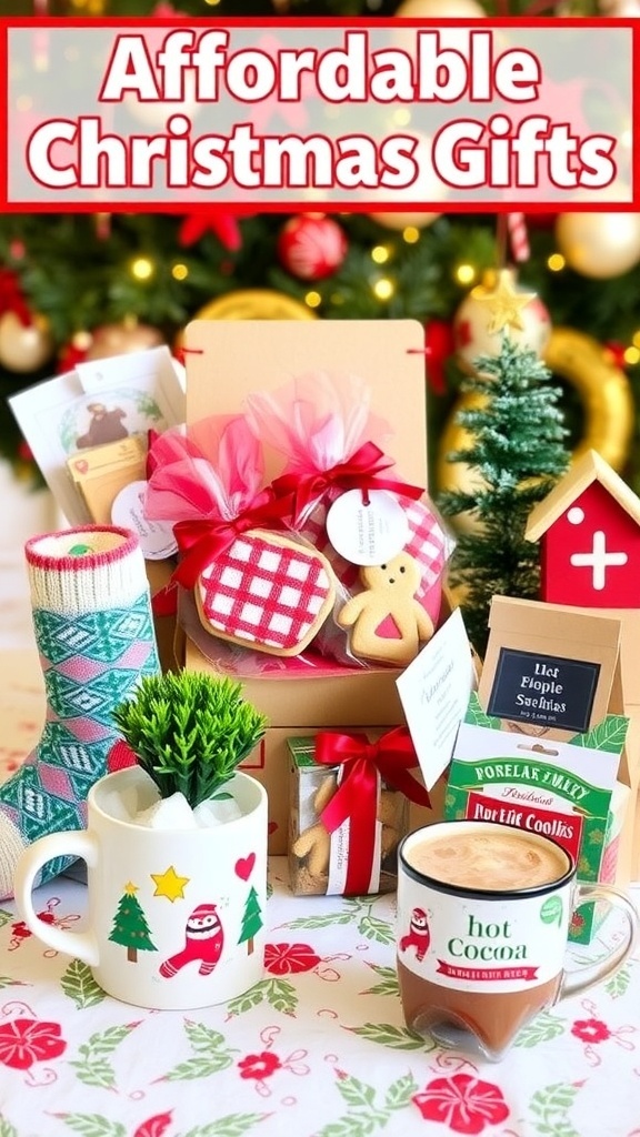 A variety of affordable Christmas gifts including cookies, socks, and a mug on a festive table.